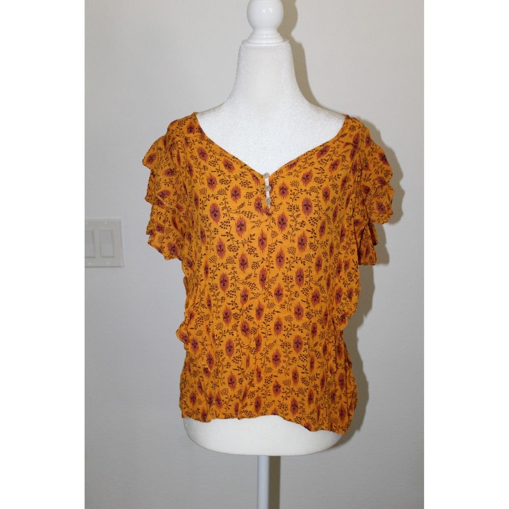 Haute Hippie Style Womens Mustard Yellow Ikat Floral Ruffle Sleeve Blouse Size M